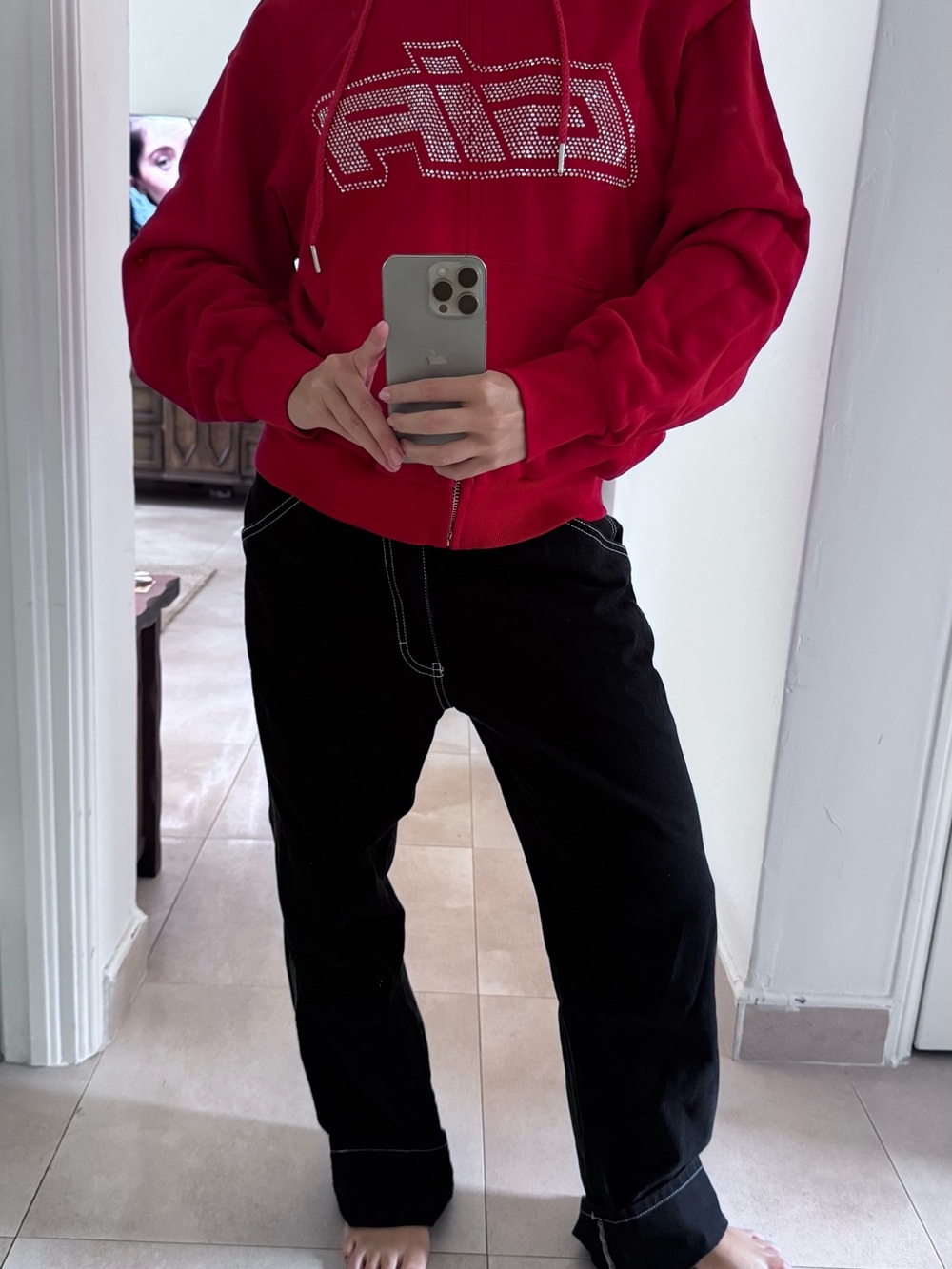 I.AM.GIA Red Rhinestone Logo Hoodie Sweater